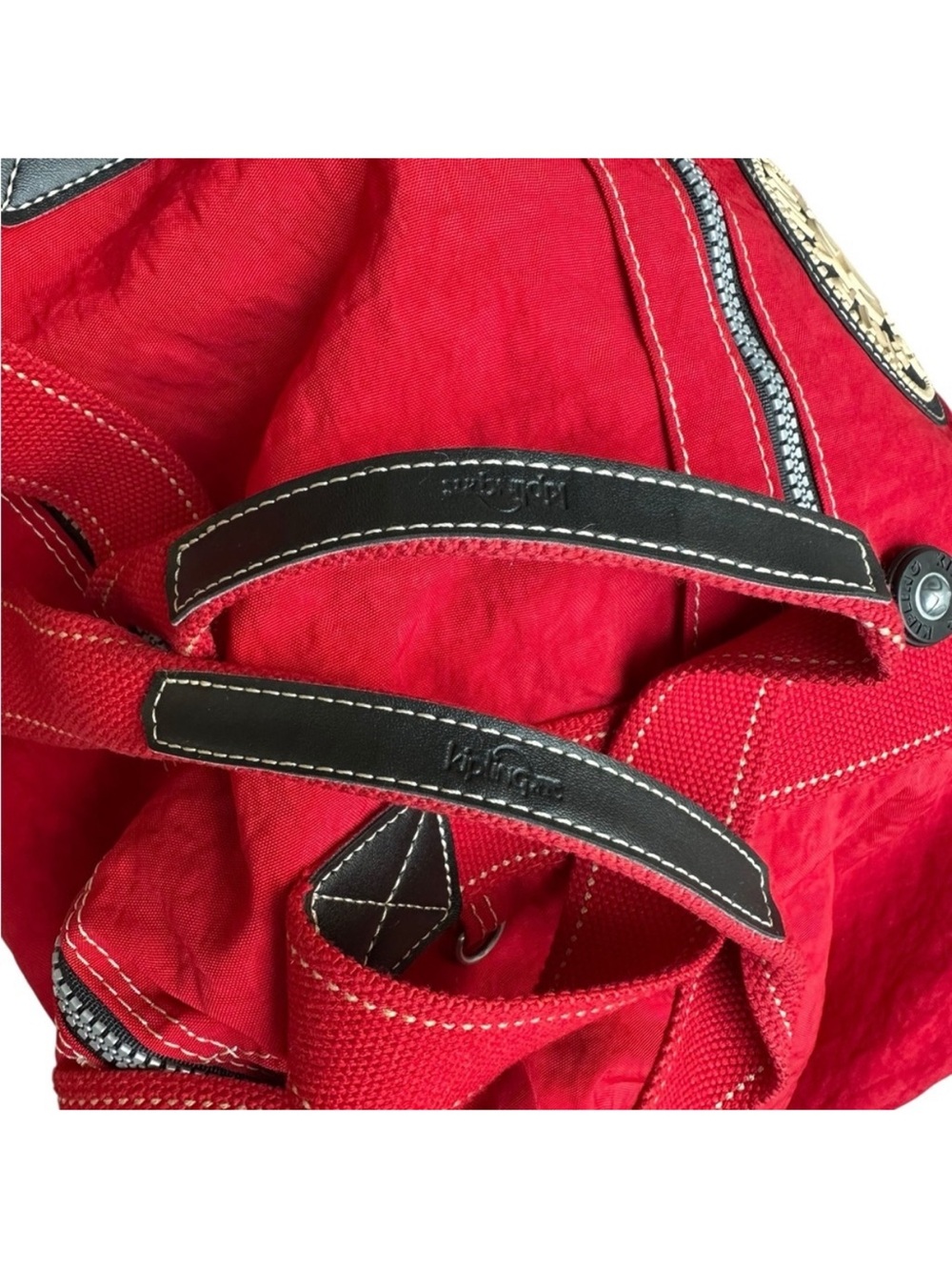 Vintage Kipling Red Canvas Dual-Handle Travel Tote with Front and Side Zips - Picture 10 of 11
